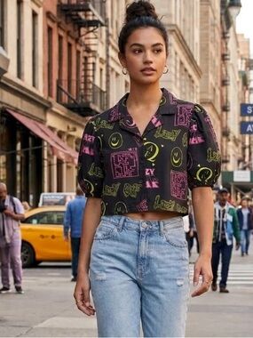 Lazy Oaf Digital Puff Sleeve Button Down Crop Shirt Top Black Pink Neon Yellow S